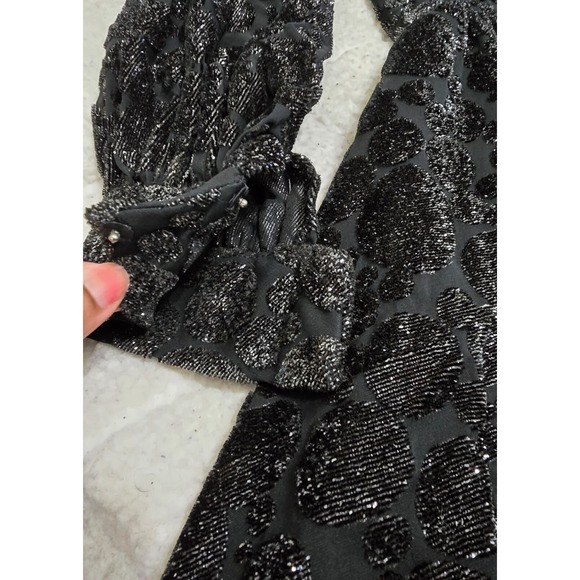 Jayna Vtg  Black Metallic Deep V Neck Party Dress Brocade Bishop Sleeve Size S - Picture 6 of 13